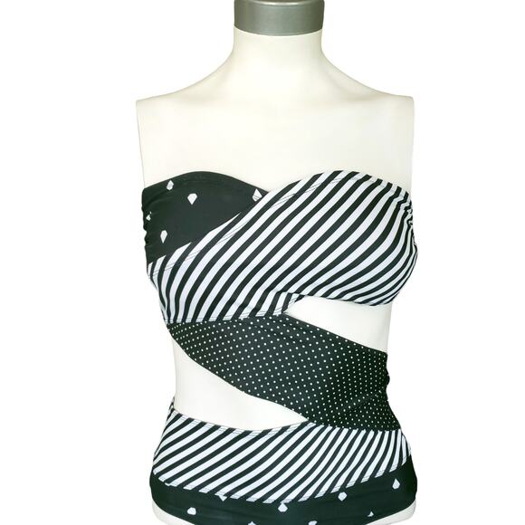 THE OPEN stripe polka dot cutout bandeau monokini one piece swimsuit black white - Picture 2 of 11